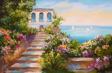 Ölgemälde - Haus am Meer, bunte Blumen, Sommermeerblick © Fresh Stock