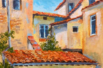 Plakaty  kolorowy obraz olejny - dachy domów, europejska ulica, impresjonizm artystyczny