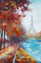 Naklejka premium Oil painting of Eiffel Tower, France, autumn landscape