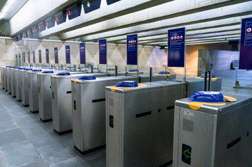 Turnstiles on an entrance to the subway
