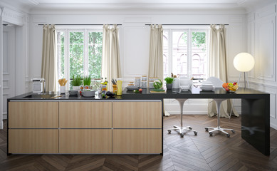 modern kitchen in baroque style apartment in downtown