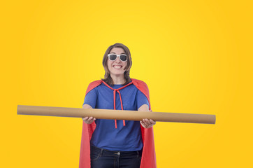 Woman superhero with red cape and packaging, orange.