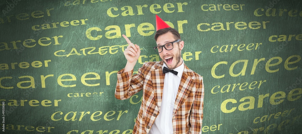 Poster composite image of geeky hipster in party hat pointing