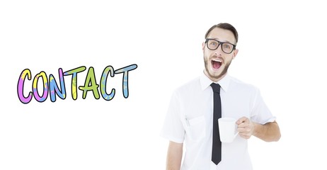 Composite image of geeky smiling businessman holding mug