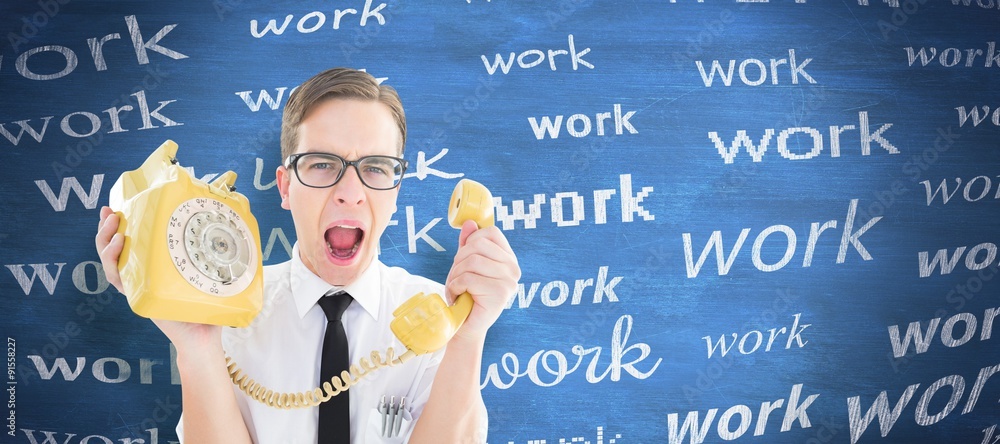 Poster composite image of geeky businessman shouting at retro phone