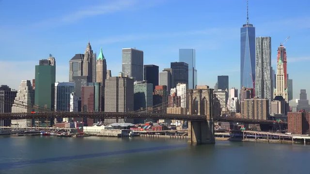 Nice Establishing Shot Of New York City Financial District With Brooklyn Bridge Foreground.