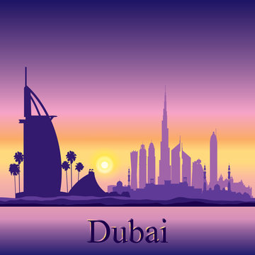Dubai skyline silhouette on sunset background