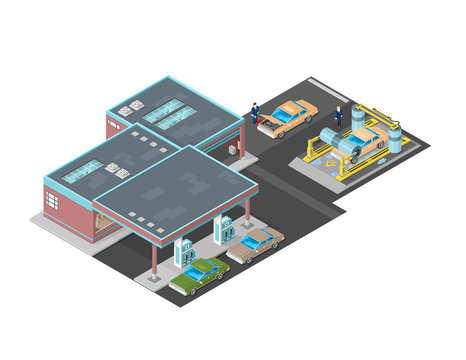 Gas Station with car wash icon illustration - A vector illustration of a large Petrol Station car wash and shop. Isometric filling station with car was and shop.