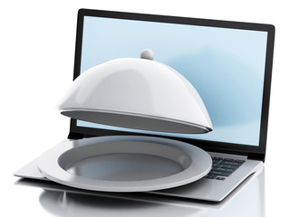 3d laptop with Restaurant cloche. Online food delivery concept.
