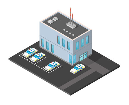 Isometric Police Station illustration Icon - A vector illustration of a modern Police Station. Emergency Services building with police cars.