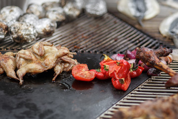 Grilling. Fresh chicken and vegetables preparing on grill.