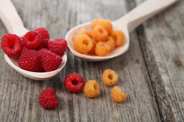 Ripe yellow and red raspberries