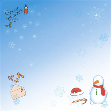 Christmas card with a snowman and elf without a hat. Background with snowflakes, stars, Santa hat, snowman, envelope and the staff kept on separate layers - can be turned off.Shape square
