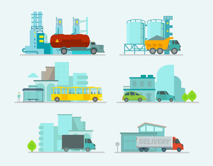 Transportation set. Trucks end bus, passenger cars in sity