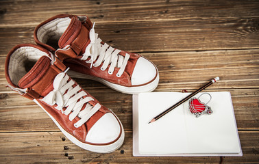 Red Canvas Shoes and notebook on Wood Background