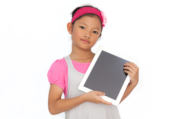 Little asian girl with tablet pc isolate on white background