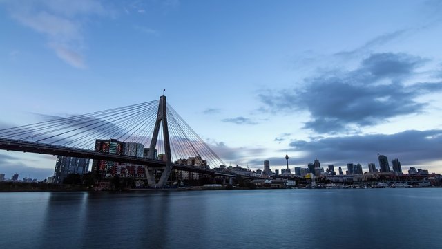 Anzac Bridge and Sydney CBD skyline sunset timelapse