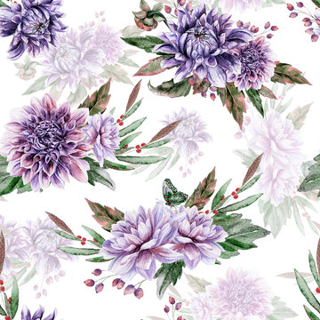Seamless pattern with lilac dahlia.