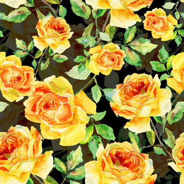 Seamless pattern of watercolor yellow roses on black background.