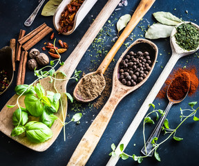 wooden spoons with spices and herbs 