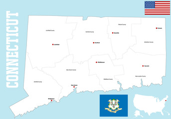 Fototapeta premium A large and detailed map of the State of Connecticut with all counties and county seats.