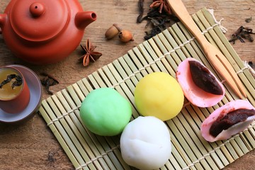 Mochi japanese dessert red bean colorful and hot tea