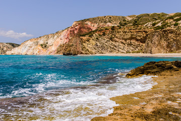 Fototapeta premium Colored rocks on Fyriplaka beach, Milos island, Cyclades, Greece.