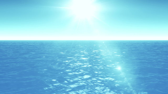 Flying over calm ocean blue sky and sun. HD 1080 seamless loop 