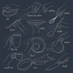 Woman's hands holding kitchen items. Teapot, cup, knife, spoon, ladle, lid, whisk, plate, pan. Hand drawn vector outline on chalkboard.
