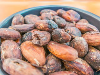 Closeup of cocoa beans in the black bowl