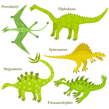 Ilustração De Personagens De Desenhos Animados De Dinossauros Bonitos Como  Spinosaurus, Parasaurolophus, Stegosaurus, Tyrannosaurus, Pterodactyl E  Diplodocus. Royalty Free SVG, Cliparts, Vetores, e Ilustrações Stock. Image  168113747