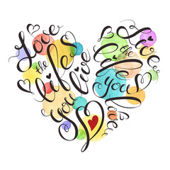 Watercolor lettering poster. Motivational illustration with text. Love the life you live. Quote in heart shape.