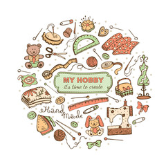Hobby time. Circle from hand made tools. Doodle illustration. Craft items isolated on white background.