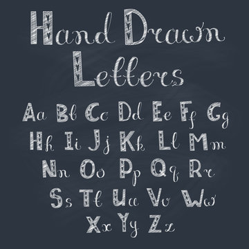 Vector hand drawn letters. English alphabet white on black. Doodle letters drawn on chalkboard.