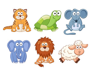 Cute cartoon animals isolated on white background. Stuffed toys set. Cat, lion, mouse, elephant, turtle, sheep.