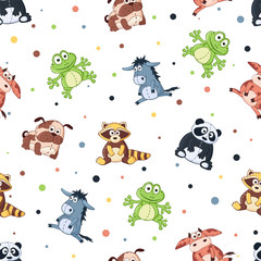 Seamless pattern with stuffed toys. Cute cartoon animals background. Panda, dog, raccoon, frog, cow, donkey