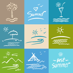 Set brush painted illustrations. Vacation, travel and tourism.