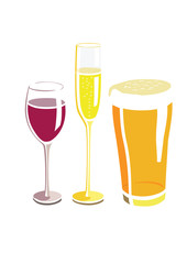 Flat vector image of a wine, beer, and champagne glass