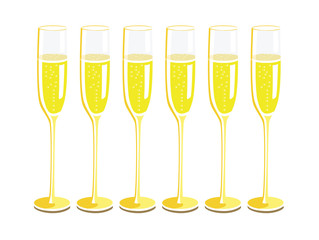 Flat vector image of six champagne glasses