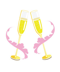 Flat vector image of two champagne glasses surrounded by a florish