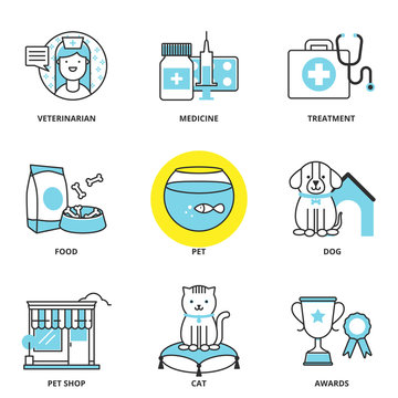 Veterinary medicine and pets vector icons set