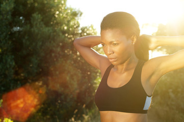 African american fitness woman standing outside