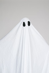 young boy in a homemade ghost costume ready for halloween