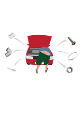 Humorous vector image of a man looking under bonnet of a car, throwing parts out