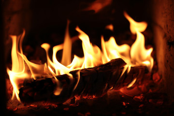 firewood burning in the furnace coals