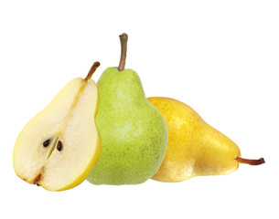 Beautiful fresh green and yellow pears isolated on white