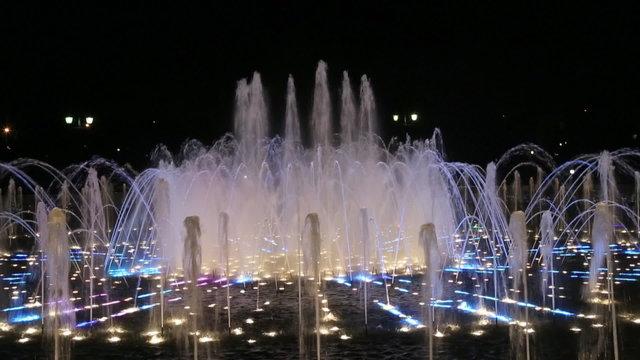 Light and music fountain in the museum-reserve Tsaritsyno at night, Moscow, Russia
