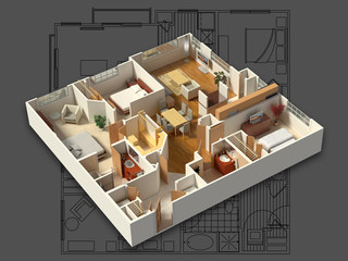 3D isometric rendering of a furnished residential house, on a blueprint, showing the living room, dining room, foyer, bedrooms, bathrooms, closets and storage.