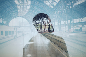 Double exposure of man on the train station