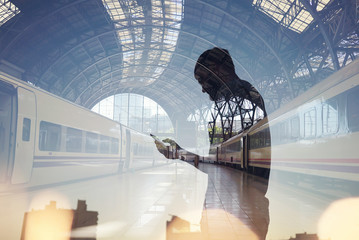 Double exposure of man and smart phone